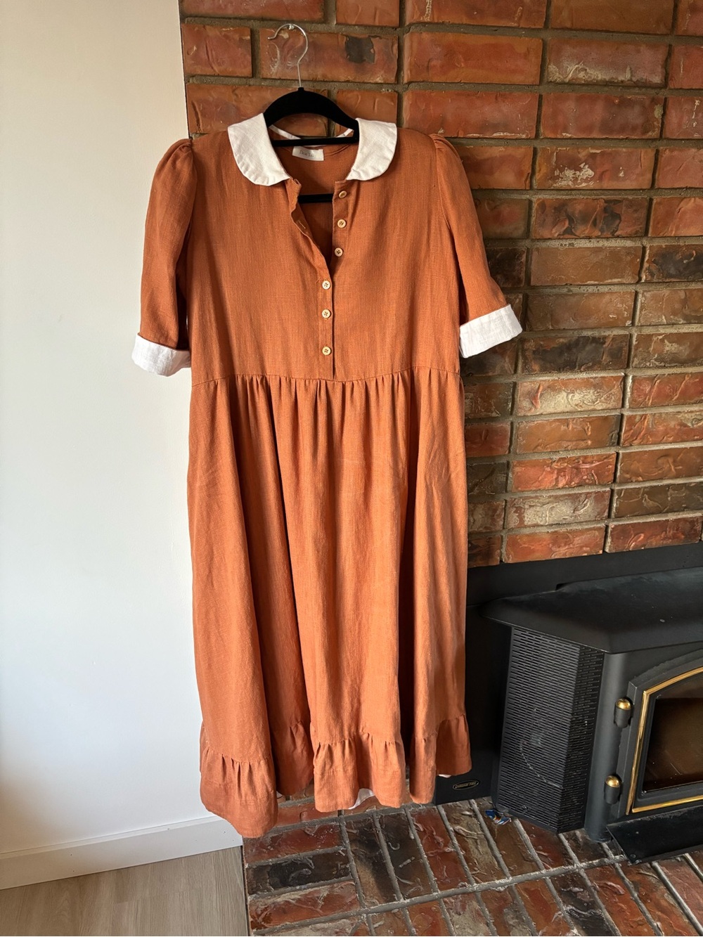 Handmade Linen Rust  Peter Pan Collared Midi Dress with White Trim